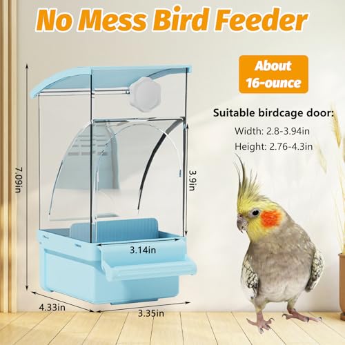BNOSDM No Mess Bird Feeder Transparent Automatic Bird Cage Feeder with Perch Acrylic Parrot Food Container Parakeet Cage Accessories for Parakeets, Budgies, Cockatiel, Finch, Canary, Lovebird (Blue) - color: Blue