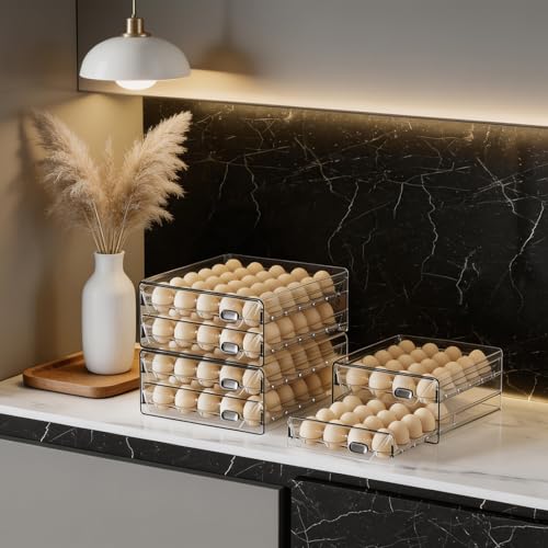 HIYOHIYO Clear 60 Grid Egg Organizer for Refrigerator with Drawers, 2-Tier | Large Capacity with Time Scale Marking | Sturdy Egg Storage for Fridge | Stackable Eggs Container for Fridge and Countertop - size: 60 Grids-2 Layer