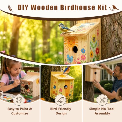 Bird House Kit, Large DIY Wooden Birdhouse Kits Including Paints and Brushes, Wooden DIY Bird House for Garden Yard Decor Gifts, Complete Crafting Kit