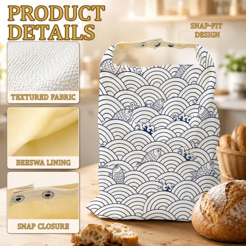 2 Pack Beeswax Japanese Wave Fish Bread Bags for Sourdough Homemade Breads, Reusable Beeswax Bread Blue Ocean Storage Bag, Keep Loaves Fresh Longer, Freezer Safe & Airtight, Zero Waste 17 x 13'' - color: Japanese Wave Fish