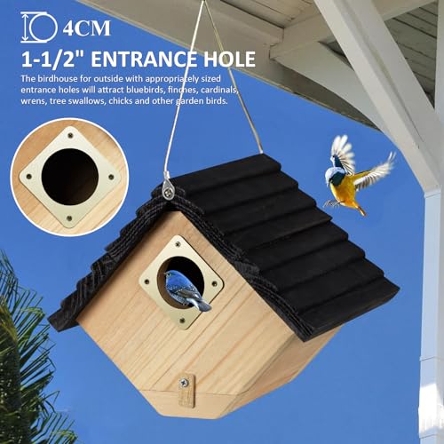 Bird House for Outside, Outdoor Bird Houses for Bluebirds, Finches & Cardinals, Wooden Birdhouse with Easy Clean Design, Hanging Birds Nest Box for Garden Decoration (8.6 x 5.9 x 7 Inch)