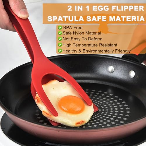 2-in-1 Egg Flipper Spatula Tongs Set - Non-Stick Silicone Grip and Flip Cooking Utensils for Omelets, Pancakes, Fish, and Burgers - 2 PCS Kitchen Cooking Tools (Black & Red)