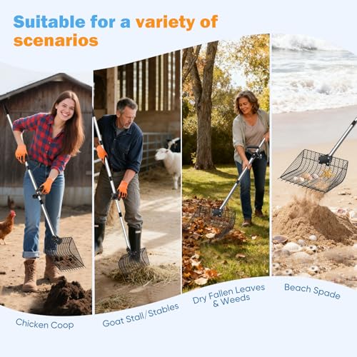 12inch Large Metal Chicken Poop Scooper for Sand with Ergonomic Grip, Adjustable Angle 2 in 1 Chicken Coop Scoop & Rake (39-66"), Stainless Steel Litter Sifting Shovel Chicken Coop Cleaning Tool, Farm