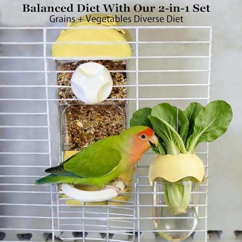 Automatic Bird Cage Feeder No Mess Bird Feeding Station Parrot Vegetable Holder Fruit Clips for Parakeet Cockatoo Canary Lovebirds Budgie (Yellow) - color: Yellow