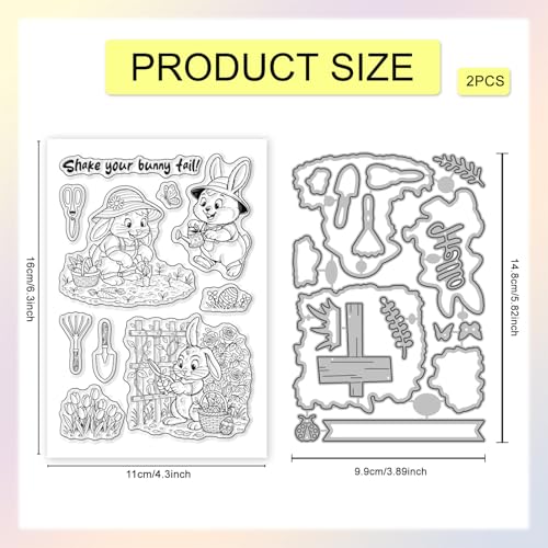 GLOBLELAND Cartoon Gardener Bunny Clear Stamps and Metal Die Cuts Spring Easter Rabbit Transparent Stamp Cute Animals Cutting Dies for Card Making Embossing Scrapbooking - style: Gardener Bunny