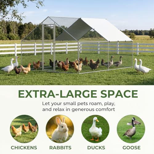 10 x 13 x 6.6 ft Large Chicken Coop, Heavy Duty Galvanized Metal Walk in Chicken Run with Roof Cover and Locking Door, Outdoor Poultry Pen for Chickens Ducks Rabbits - size: 10 x 13 x 6.6 ft