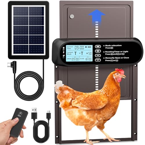 Automatic Chicken Coop Door Solar Powered, LCD Screen Electric Auto Chicken Coop Door with Timer & Light Sensor, Aluminum Rechargeable Auto Chicken Door Opener with Remote Control & 4 Modes