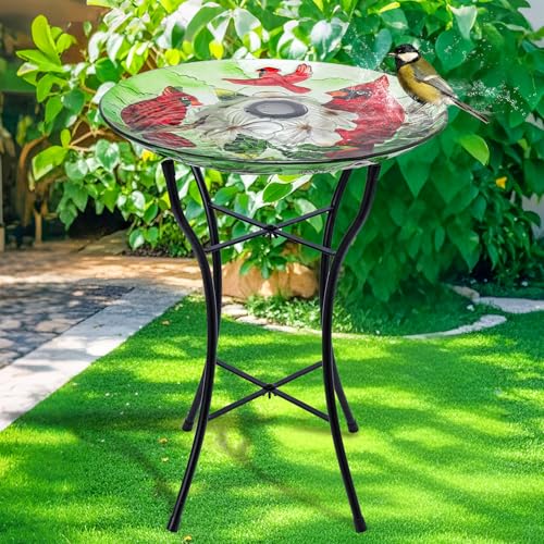 MUMTOP Glass Bird Bath Solar Birdbath with Metal Stand Outdoor Garden Decor | 20" Height 16" Diameter Garden Cardinals Large Glass BirdBaths Bird Feeder Bowl with Solar Light for Lawn Yard Garden Decor - color: Red-Green