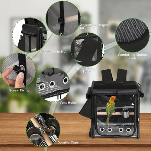 Bird Carrier with Seat Belt for Car Travel, Bird Backpack Carrier with Indestructible Stainless Steel Mesh, Large Bird Carrier Travel Cage, Black - color: Black, size: 13.5"L x 10.0"W x 15.5"H