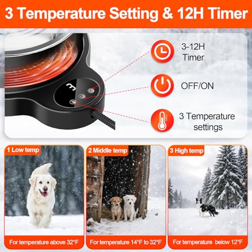 Heated Water Bowl for Dog Cat,Outdoor Heated Pet Bowl Food Bowl with 3 Temperature Settings & 12H Timer,50 oz Removable Stainless Steel Bowl,79" Anti-Chew Cord,for Dogs Cats Chickens Ducks Birds