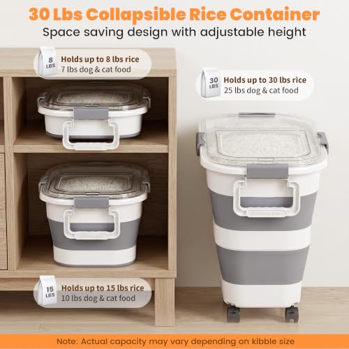 30 Lbs Rice Container, Collapsible Dog Food Storage Container | Airtight Cat Food Container with Wheels, Transparent Lid, Measuring Cup, Scoop and Handle, BPA Free for Pet Food, Bird Seed - size: 30lbs