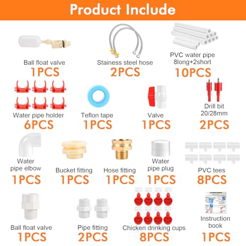 Automatic Chicken Waterer System, 8-Cup PVC Kit, with Float Valve | Gravity-Fed Poultry Watering Kit, 56 Accessories, Fits Chickens, Ducks, Quail, Leak-Proof PVC and Stainless Steel Hoses