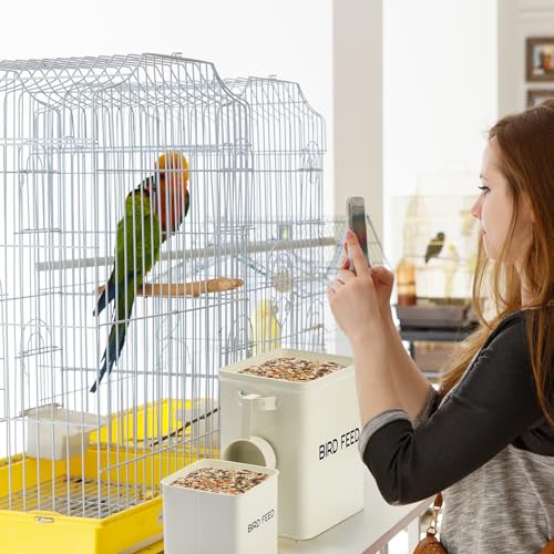 Reallnaive 2 Pcs Metal Bird Seed Container with Scoop,White | Bird Feed Storage Container with Fitted Lid, Farmhouse Style Ideal Gift for Birds and Pet Owners