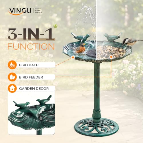 VINGLI Pedestal Bird Bath with Solar Fountain, Solar Pump Resin Birdbaths, Weather Resistant Bird Baths with Ground Stakes, Vintage Finish Garden Decor for Outdoor, Patio, Yard, Lawn(Green Shell) - color: Green Shell