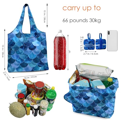 BeeGreen Reusable Grocery Shopping Bag -Travel Tote Bag - Foldable Compact Sturdy Bags - color: Blue Mermaid Scale, style: Standard Extra Large