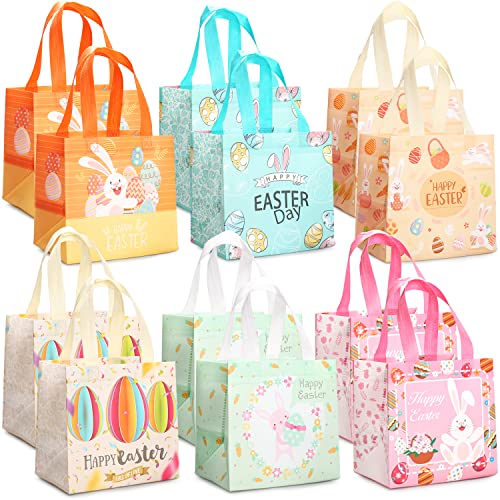 Aviski Easter Gift Wrapping Bags, 12PCS Multifunctional Non-Woven Bag with Handles, Treat Bags for Easter Party Supplies, Egg Hunt Game, 8.3x7.9x5.9inch - color: 12PCS Blue Green Orange Pink