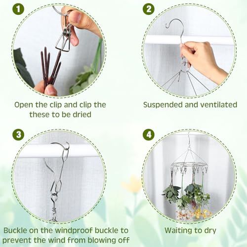 4 Pcs Hanging Drying Rack for Herb Macrame Flower with Stainless Clip Dryer Hook for Drying Herb Air Plants Spices Flower Hydroponic Plant Ready to Use with Ceiling Hook(Round) - style: Round