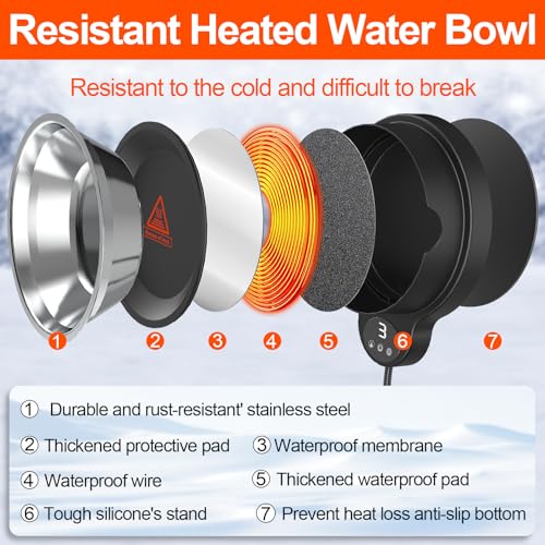 Heated Water Bowl for Dog Cat,Outdoor Heated Pet Bowl Food Bowl with 3 Temperature Settings & 12H Timer,50 oz Removable Stainless Steel Bowl,79" Anti-Chew Cord,for Dogs Cats Chickens Ducks Birds