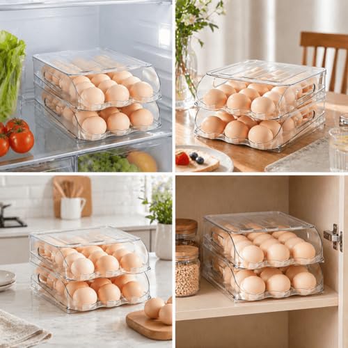 SMRCAD 36-Egg Dispenser with Silicone Bumpers, Auto-Rolling, Stackable | BPA-free food-grade PET | Stackable with lid | Built-in handle | 11.92"L x 8.85"W x 5.4"H | Hand wash only - size: 2 Tier Holder 36 Eggs