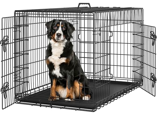 Yaheetech 48in Double Door Metal Dog Crate w/Divider for Puppy Indoor Use | Heavy-duty Sturdy Metal Frame, Easy Assemble, Fold Up for Travel, Removable Tray, Ideal for Puppies, Medium to Large Dogs - size: 48" L