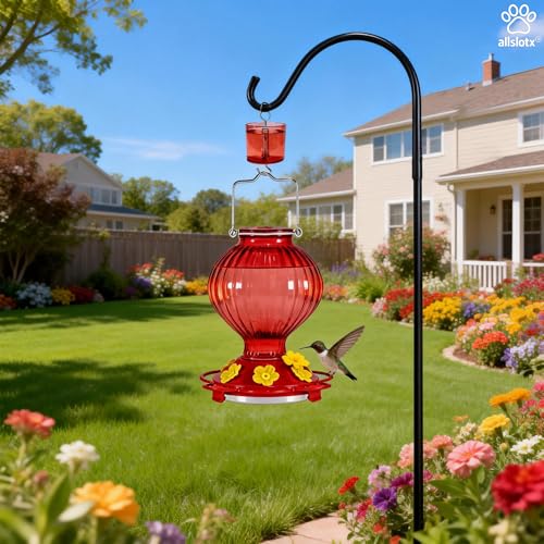 Glass Hummingbird Feeder for Outdoors Hanging, 38 oz Nectar Capacity, 6 Feeding Ports, Leak-Proof Rust-Free Plastic Base, Easy to Refill & Clean, Decorative Red Glass Bird Feeder for Garden Patio - color: Red, size: 38 Fluid Ounces