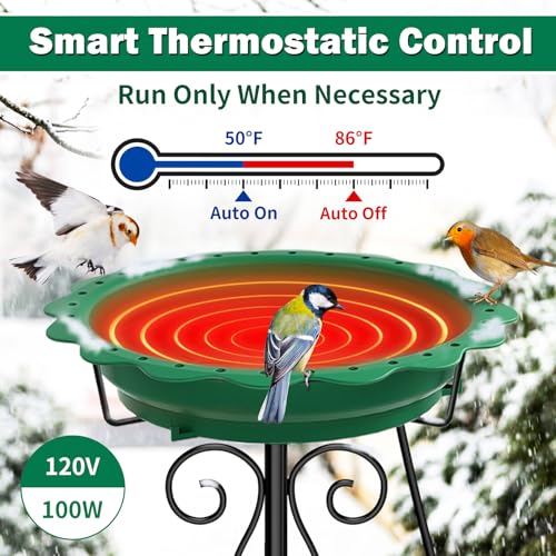 Heated Bird Bath for Outside Winter, Powerful 100W Thermostat Control Heated Bird Baths for Outdoors with 5-Prong Metal Stake, Heated Birdbath Water Heater for Garden Yard Patio Lawn (Green) - color: Green