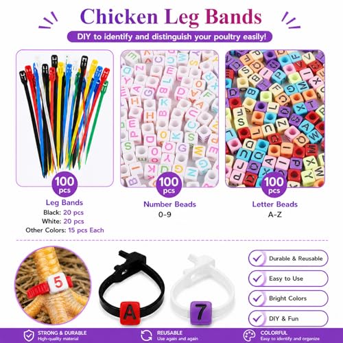 Chicken Leg Bands, 100 Pack | Adjustable Poultry Identification Bands with Number and Letter Charms for Chicks and Birds