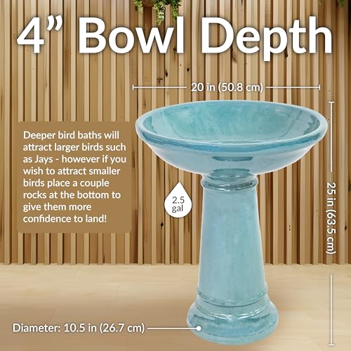 Sunnydaze Calais Glazed Ceramic Bird Bath for Outside, 25” H, Jade Green | 2.5 Gal Water Cap, 4” Deep Bird Bath Bowl, Heavy-Duty Garden Bird Bath, Easy 2-Piece Assembly, Tall Bird Bath for Outdoors