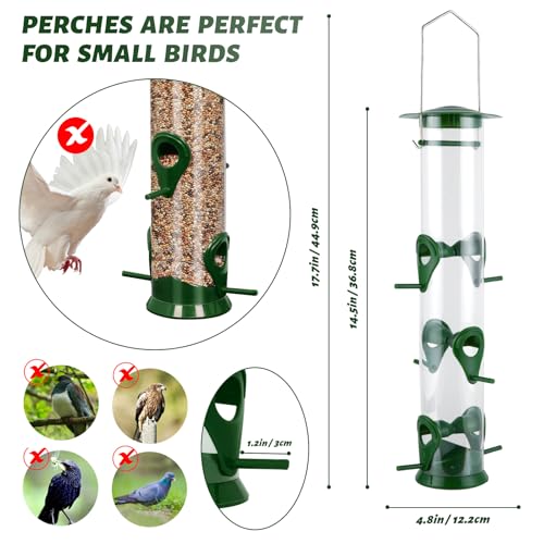2 Packs Green Bird Feeder Tube Hanging Feeders, 6 Port Wild Bird Feeders Premium Hard Plastic with Steel Hanger Weatherproof and Water Resistant Great for Attracting Birds 18.2 Inches Large - color: 2Packs-green