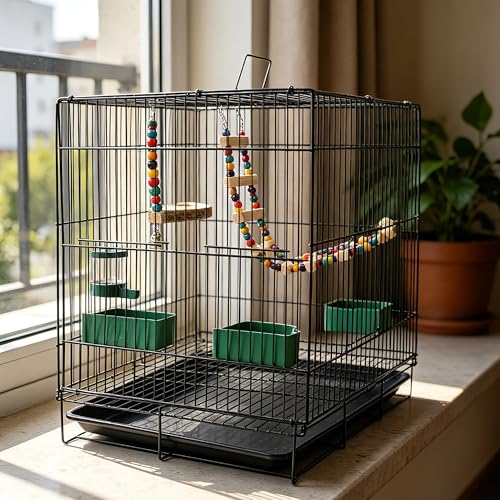20-inch Bird Cage,Foldable Medium Small Parrot Parakeet Bird Cages for Parrots Canaries Cockatiels Lovebirds Finches Budgies Conures Pet Metal Birdcage with Slide-Out Tray and 4 Pcs Bird Toys