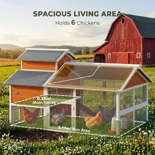 PawHut 79" L Chicken Coop for 6 Chickens with Run 2 Nesting Boxes Orange | Outdoor Wooden Hen House Poultry Cage, Slide-Out Tray, Sliding Rod Door, Roosting Bar, Waterproof Asphalt Roof