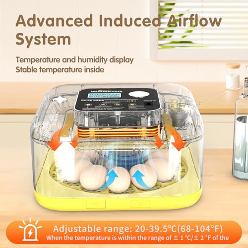HOWOOlUA 12 Egg Incubator for Hatching Eggs with Auto Turn, Temp & Humidity Control, Built-in Candler Large Capacity Egg Incubator for Chicken Duck Goose Eggs (Yellow)