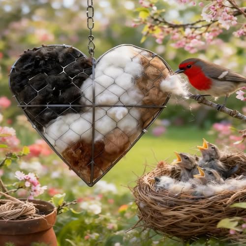 Handmade Alpaca Fiber Bird Nesting Heart, Refillable Birds Haven Heart Shape Hummingbird Nesting, Birds Nests Material Holder, Winter Fowl Gifts Animal Hummingbirds Lovers Home Garden Yard