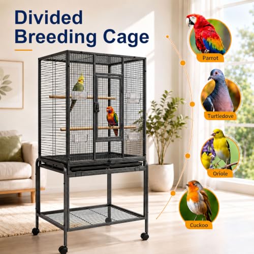 54-Inch Bird Cage with Horizontal Wire Design, Wrought Iron Bird Flight Cage with Rolling Stand, and Slide-Out Tray Suitable for Parrot, Cockatiel, Lovebird, Finch, Pigeon.