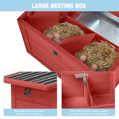 Large Chicken Coop with Run, 80.5’’ Chicken Tractor with Wheels, Wooden Hen House Poultry Cage with Plastic Waterproof Roof and Nesting Box, Leakproof Pull-Out Tray (Red) - color: Red, size: 80.5"L x 21.2"W x 42.5"H
