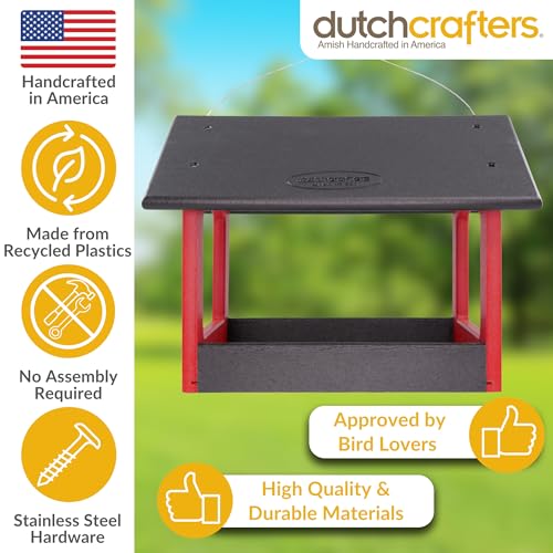 DutchCrafters Amish USA Made Recycled Plastic Large Hanging Modern Fly Through Covered Roof Open Platform Tray Bird Feeder for Outdoors, Garden, Yard (Black & Red) - color: Black & Red