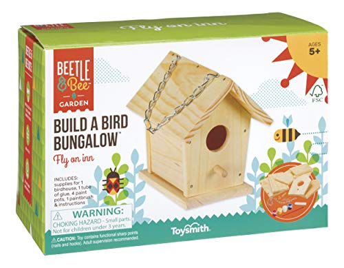 Beetle & Bee Build A Bird Bungalow - DIY Kid Art Craft Outdoor Birdhouse Kit, House Painting Kit for Kids, Hardware Glue Included- 4 Paints, 1 Brush, 7 Wooden Pcs, Chain For Tree Hanging Age 5+ | Includes Paints, Brush, Glue, Nails, Chain, Instructions; K