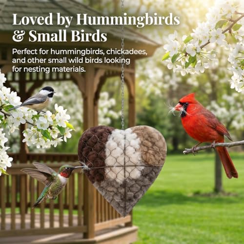 Handmade Fiber Bird Nesting Heart,Birds Nests Material Holder,Refillable Bird Haven Heart-Shaped Hummingbird Nest with Nesting Material,Winter Tree Shelter for Wild Bird,Gift for Hummingbird Lover,1PC