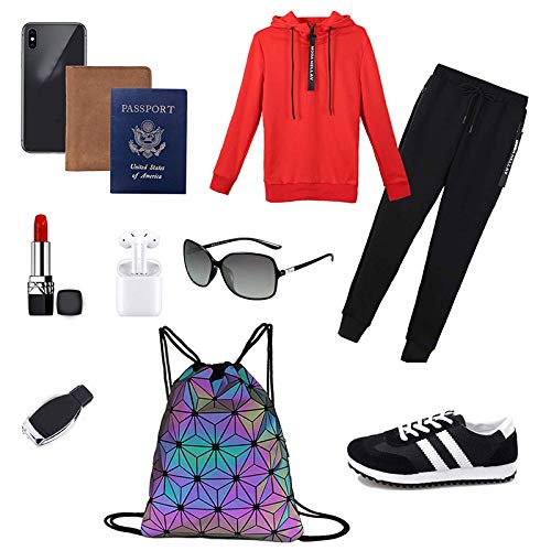 Van Caro Unisex PU Leather Holographic Geometric Drawstring Backpack Gym Travel String Bag, Black - color: Black