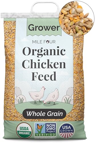 Mile Four Organic Chicken Feed (23 lbs) Grower Whole Grain, Non-GMO, USA Grown, 18% Protein, Corn-Free, Soy-Free, Non-Medicated Feed for Chickens - size: 23 Pound (Pack of 1)