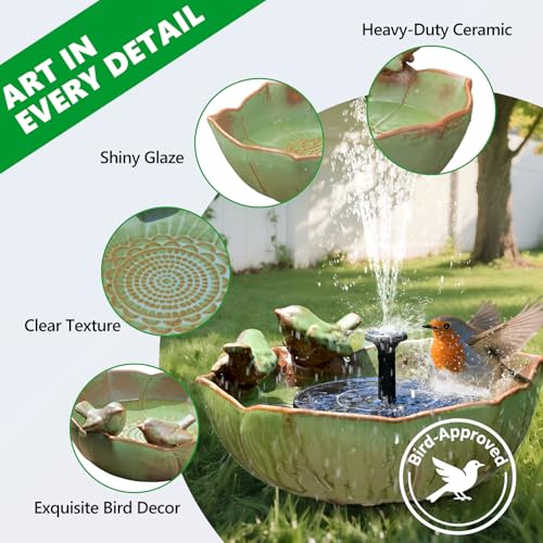 Solar Powered Ceramic Bird Bath for Outdoors, 10.1" Hummingbird Solar Fountain Ground Ceramic Bird Baths Bowl for Outside, Large Table Top Garden Décor for Patio, Yard & Home - color: Green and Black