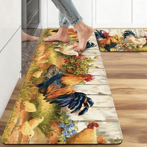 Rooster Kitchen Rugs and Mats Set of 2, 17.3"x47"+17.3"x29" | Anti Fatigue Cushioned Floor Mat, Non-Slip Waterproof Farmhouse Decor Runner for Sink, Stove, Laundry Room - color: Rooster