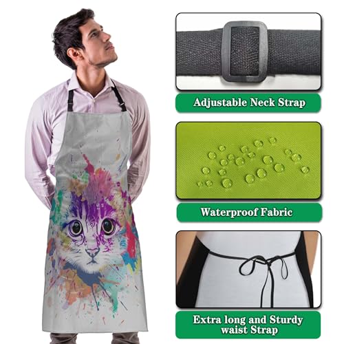 Housewife Apron for Women Abstract Colorful Cat Fun Aprons for Men for Kitchen Cooking Restaurant BBQ Painting Crafting Gardening 27” (W) x 31” (H), Waterproof Apron - color: Abstract Colorful Cat