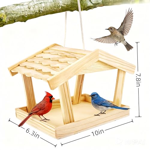 Bird Feeders House, 10x6.3x7.8 Inch Wooden Wild Bird Feeders for Cardinals Finches Bluebird Mealworm, Platform Bird House Feeder for Garden Yard Outside Hanging, Unfinished Wood
