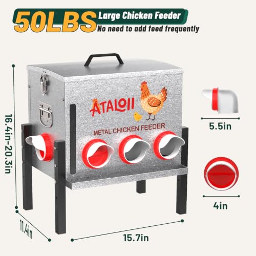 10gal 50LB Large Automatic Chicken Feeder with Window, Food Tray - No Waste | No Spill, Rust-proof Alloy Steel Poultry Feeder, Waterproof Metal Chicken Feeder for Indoor & Outdoor Chicken Coops (8 Ports - size: 10gal
