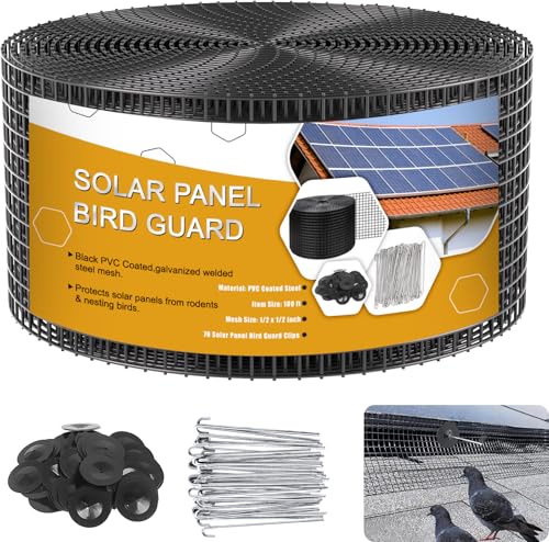 Solar Panel Bird Guard,8in x 100ft Critter Guard,Black Pigeon Mesh | Solar Panel Mesh Galvanized PVC Coated Mesh Roll Kit with 70 Fastener Clips, ½ inch Wire Critter Guard for Solar Panels - size: 8x100FT