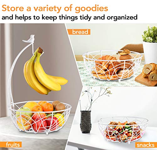 Buruis Metal Fruit Basket Bowl with Banana Holder, Bird Design, White | Kitchen Countertop Organizer, 2-in-1 Fruit Storage Bowl, Banana Rack, Modern Kitchen Decor, Dining Table Centerpiece - color: White