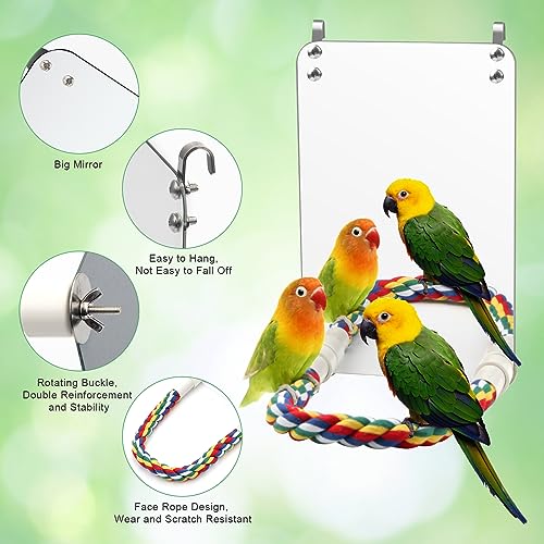 9.4‘’ Bird Mirror for Cage, Coolrunner Bird Parrot Mirror with Rope | for cockatiel conures, lovebirds, Parrot, canaries, and budgies - size: 9.4''