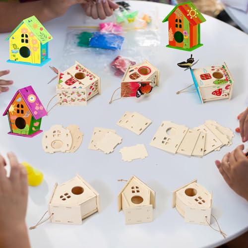 Sawysine 93 Pcs DIY Birdhouse Kits for Kids to Build, 36 Wooden Bird House 6 Shapes and 57 Butterfly Sticker for Children Summer Craft Activity Art Project DIY(Round Entrance) - style: Round Entrance