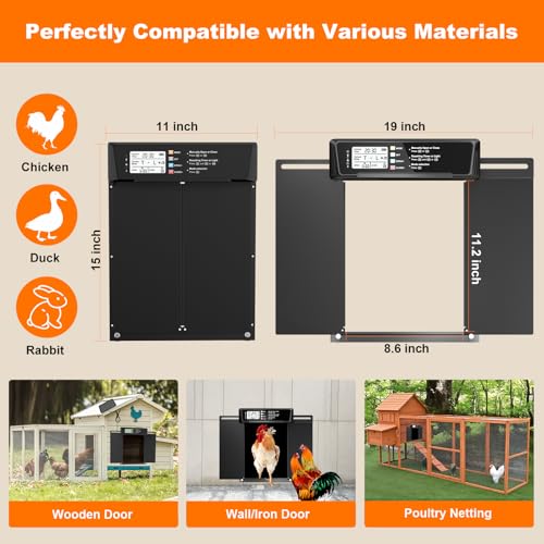 JUJOJB Automatic Chicken Coop Door Solar Powered with Timer & Light Sensor | Battery LCD Screen Automatic Chicken Door Opener With Remote Control, Aluminum, Anti-pinch, Fit Up To 20 lbs, Weatherproof.